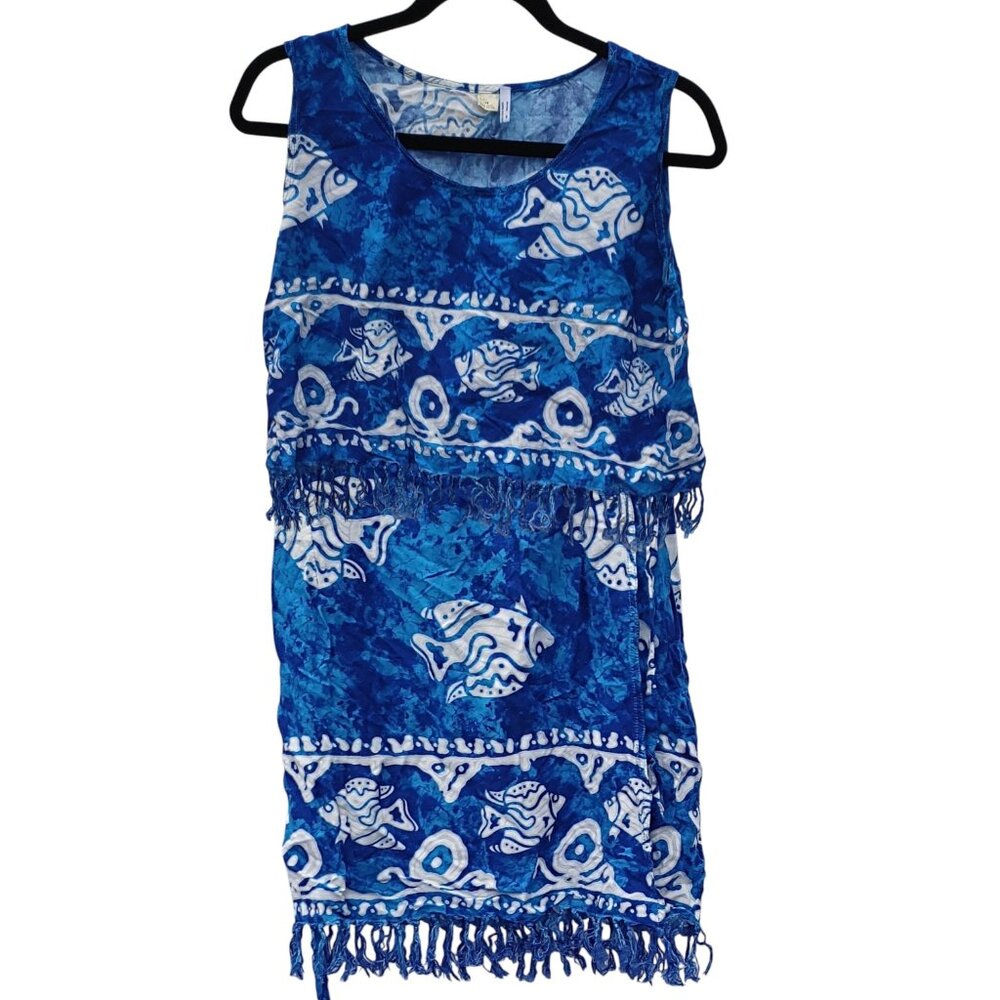 Two-Piece Set Top and Wrap Skirt Blue with White Fish Large/Extra-Large (L/XL)